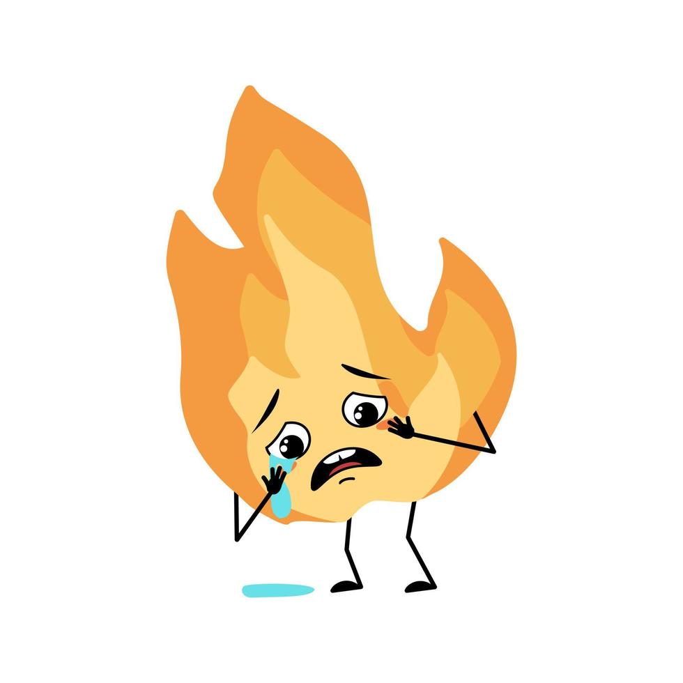 Cute flame character with crying and tears emotion, sad face, depressive eyes, arms and legs. Fire man with melancholy expression, hot orange person. Vector flat illustration