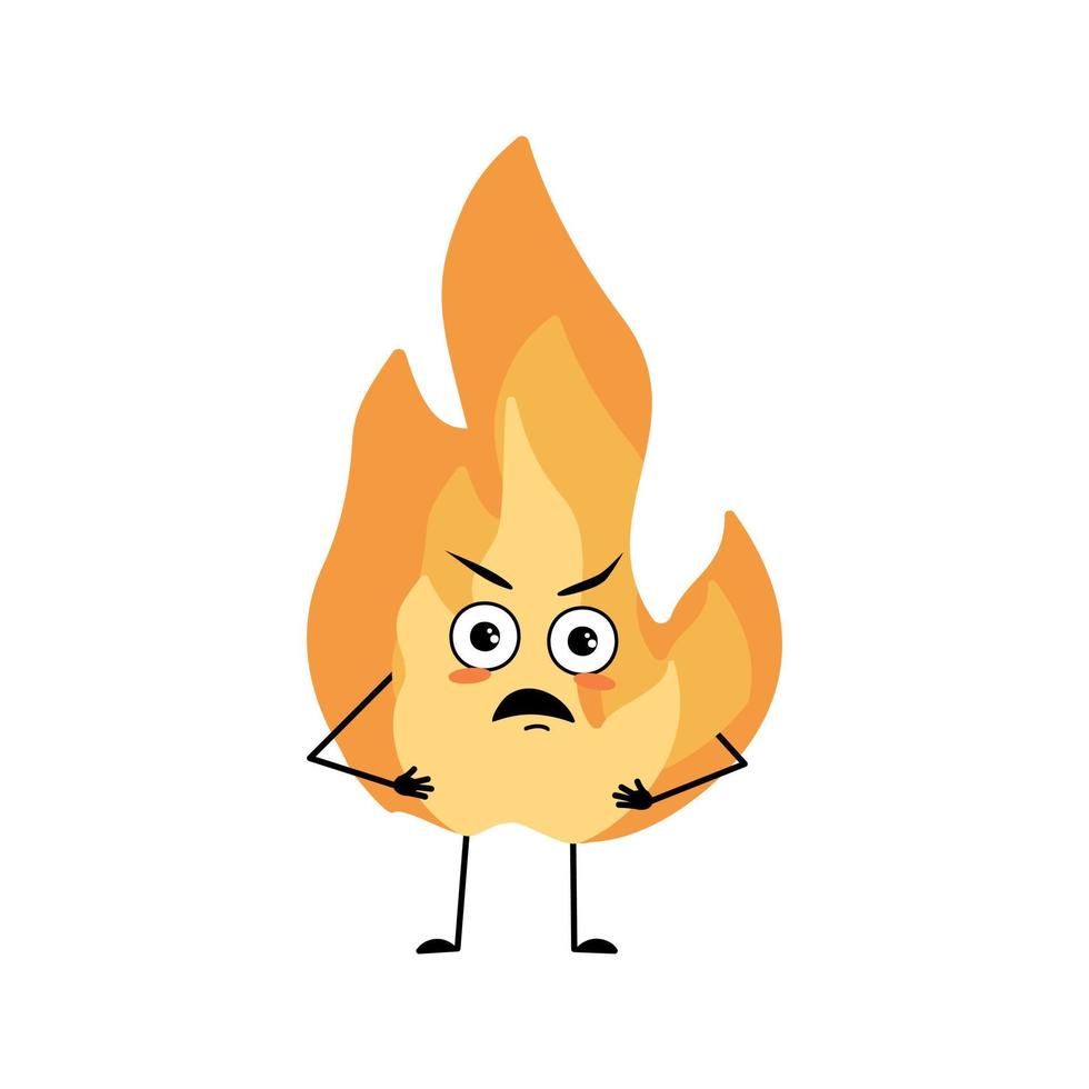 Cute flame character with angry emotions, grumpy face, furious eyes, arms and legs. Fire man with irritated expression, hot orange person. Vector flat illustration
