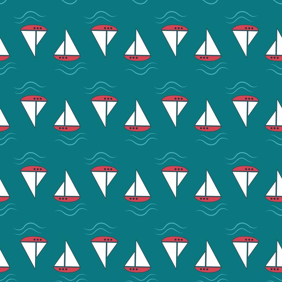 Summer nautical pattern with ships and waves  on  blue background. Cute print with marine objects. Design for wrapping paper, stationery and textiles. Vector flat illustration