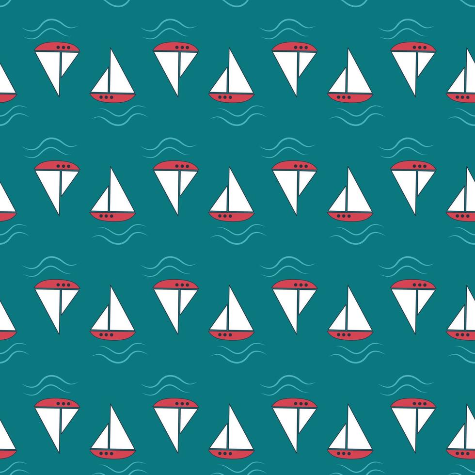 Summer nautical pattern with ships and waves  on  blue background. Cute print with marine objects. Design for wrapping paper, stationery and textiles. Vector flat illustration