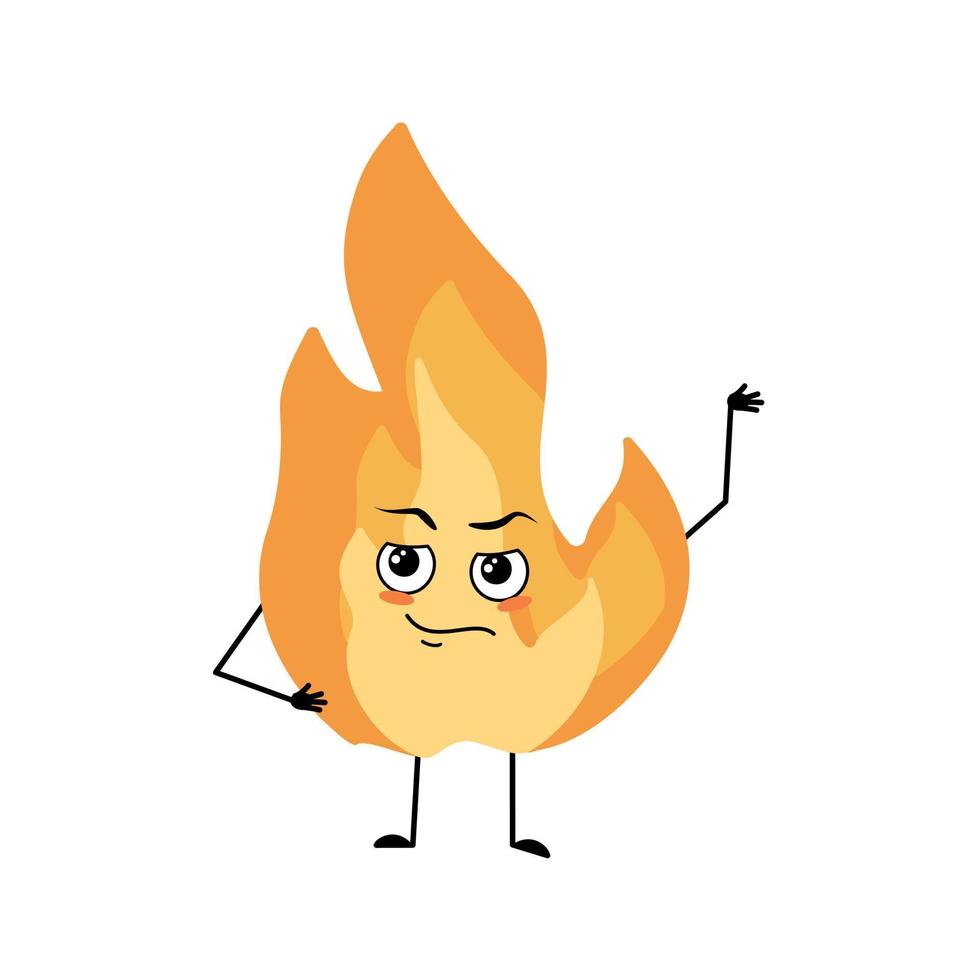 Cute flame character with emotions of hero, brave face, arms and leg. Fire man with courage expression, hot orange person. Vector flat illustration