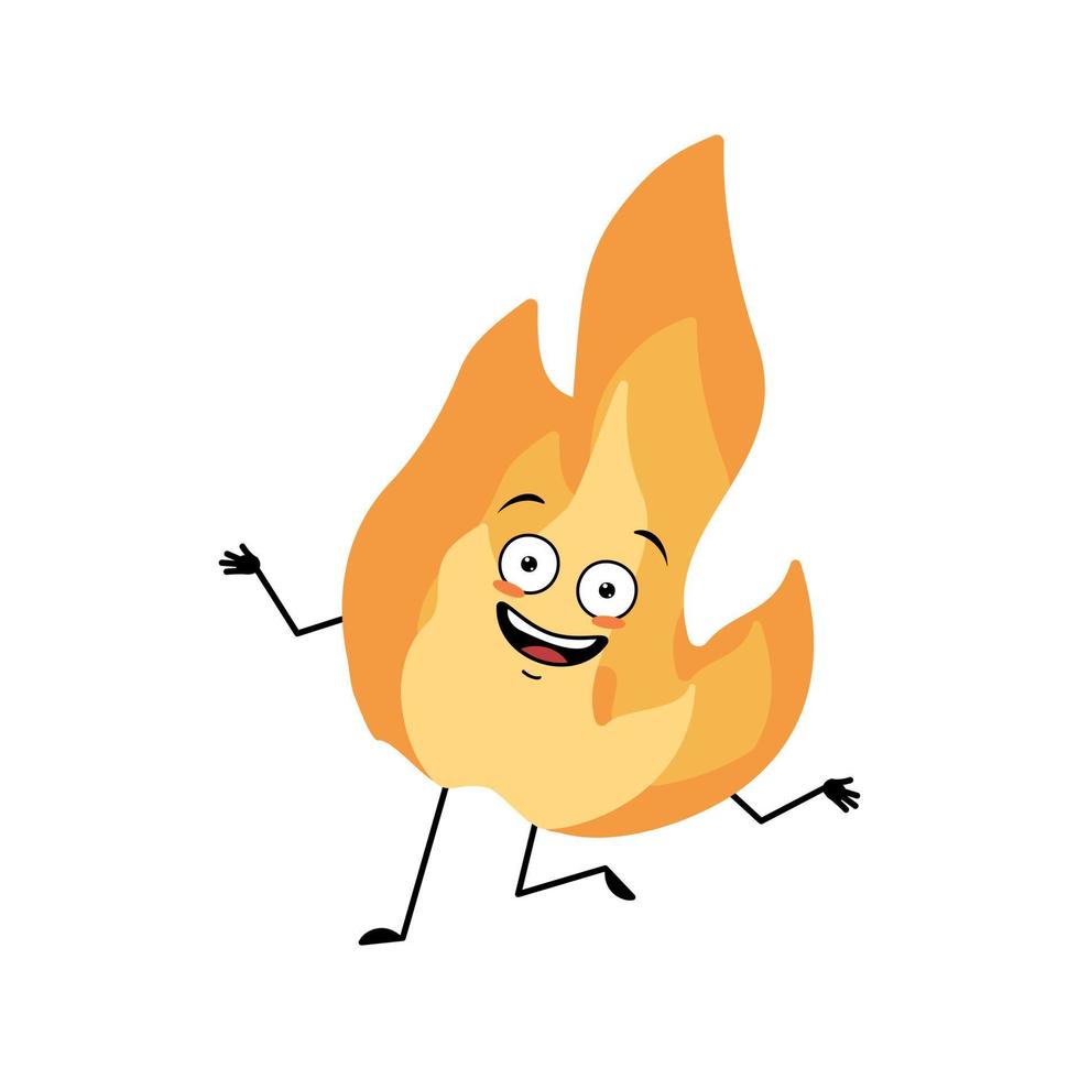 Cute flame character with crazy happy emotions, joyful face, smile eyes, dancing arms and legs. Fire man with funny expression, hot orange person. Vector flat illustration