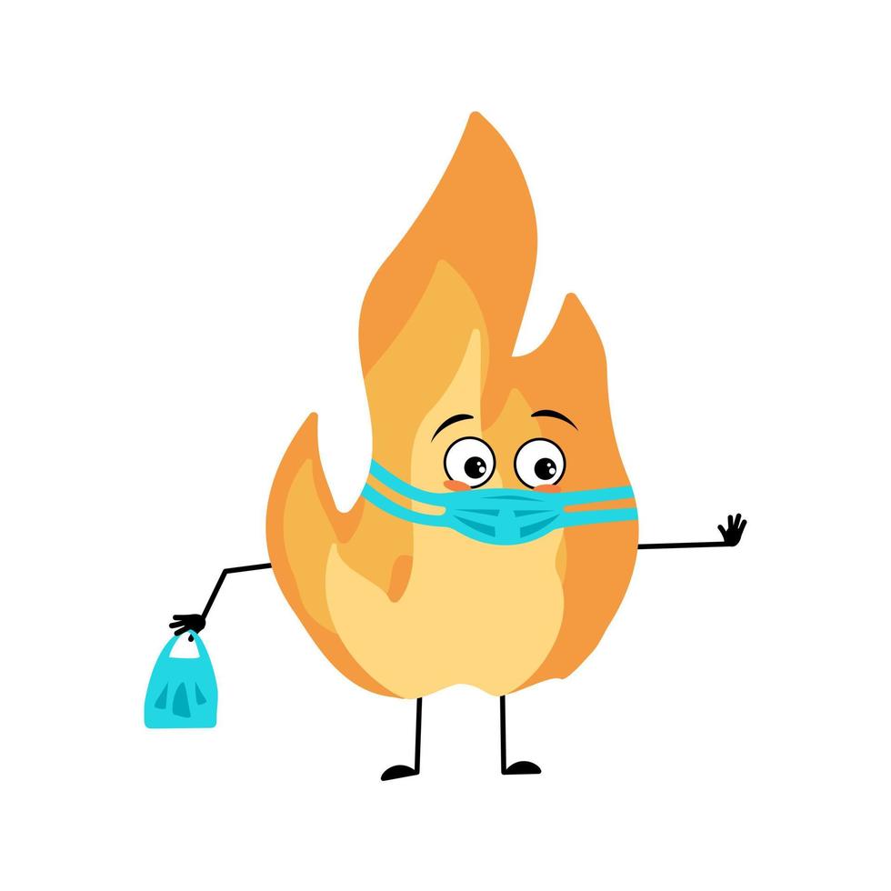 Cute flame character with face in medical mask and keep distance, hands with shopping bag and stop gesture. Fire man with care expression, hot orange person. Vector flat illustration