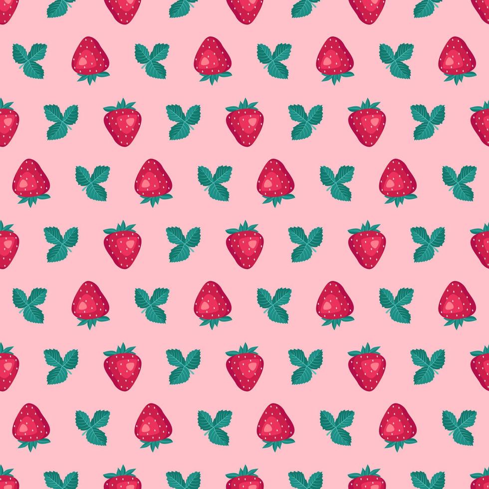 Seamless background with red strawberries and leaves on pink background. Cute summer or spring print. Festive decoration for textiles, wrapping paper and design. Vector flat illustration