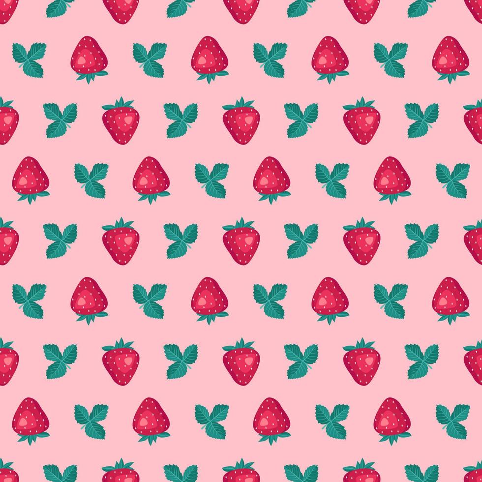 fondo transparente con fresas rojas y hojas sobre fondo rosa. lindo estampado de verano o primavera. decoración festiva para textiles, papel de regalo y diseño. ilustración plana vectorial vector