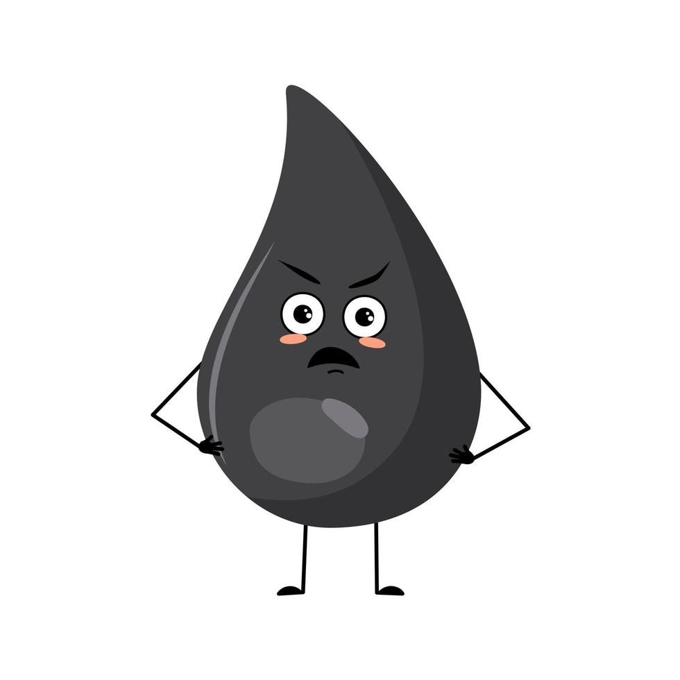 Cute fuel or gasoline drop character with angry emotions, grumpy face, furious eyes, arms and legs. Fluid man with irritated expression, black oil man. Vector flat illustration