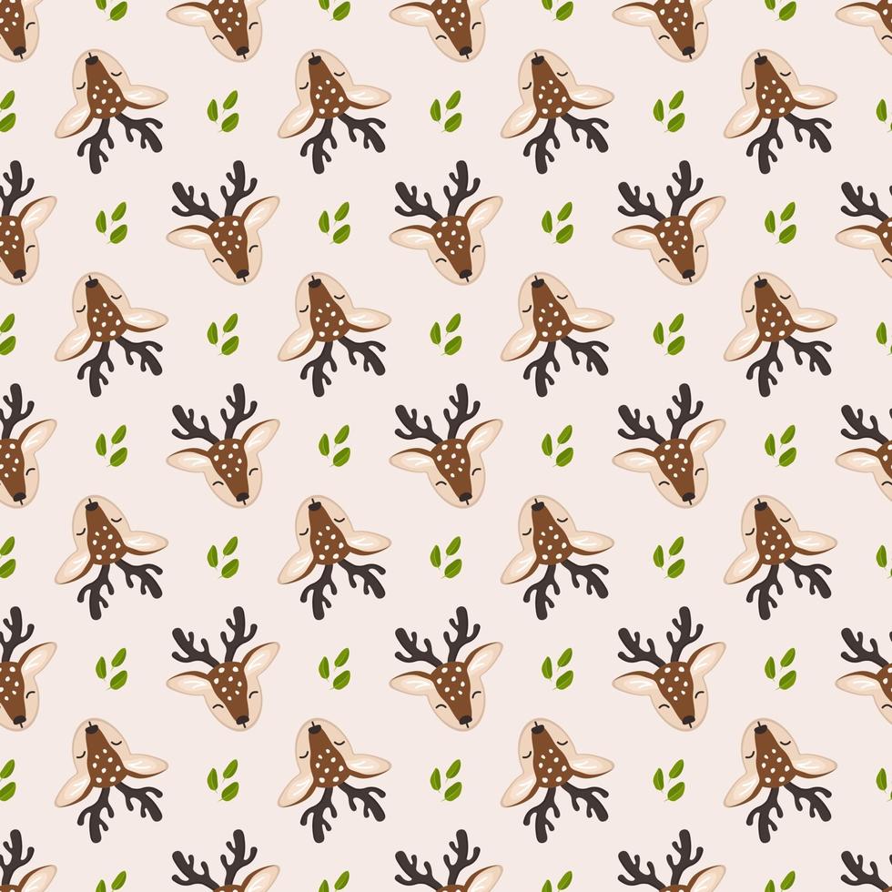 Seamless pattern with cute deer and leaves in childish style with smile muzzle, horns and eyes on background. Print of funny wild animal with happy face. Vector flat illustration for holidays
