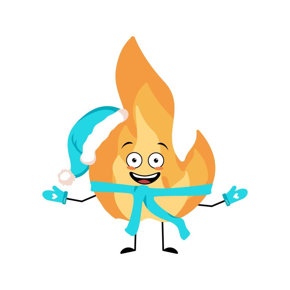 Cute flame character in Santa hat with happy emotion, joyful face, smile eyes, arms and legs. Fire man with funny expression, hot orange person. Vector flat illustration
