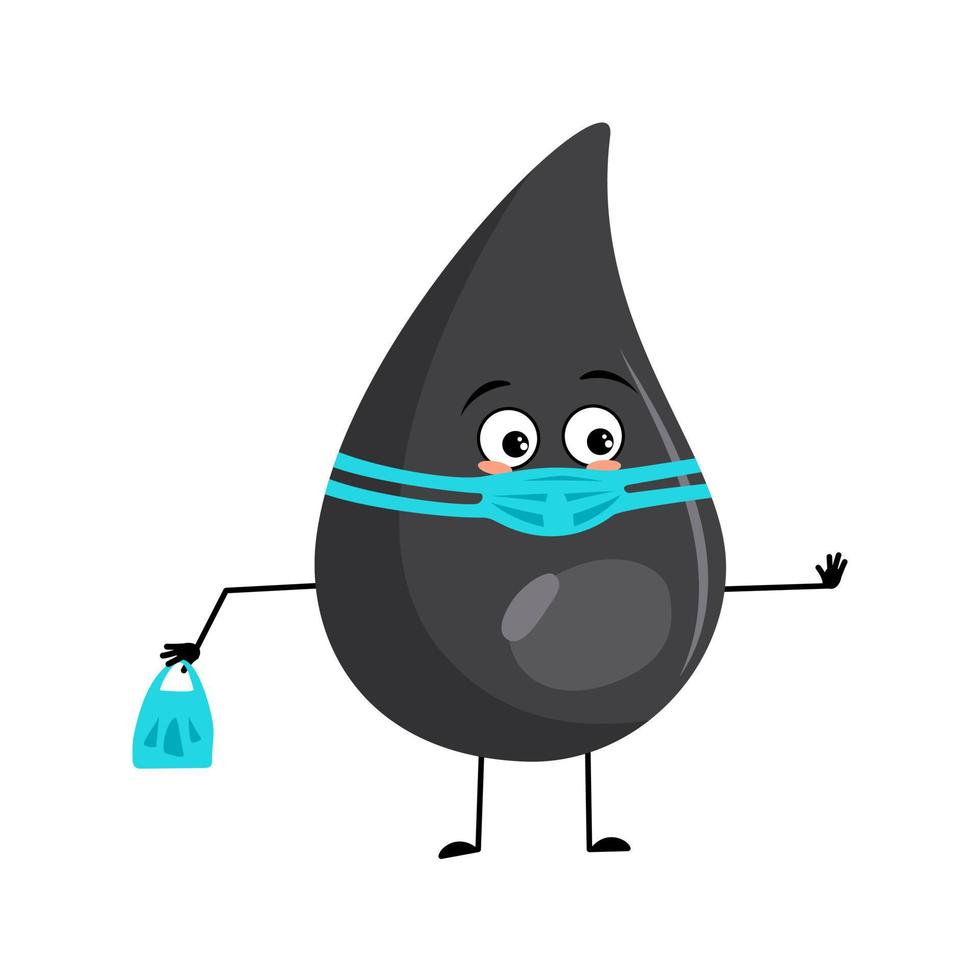 Cute fuel or gasoline drop character with face in medical mask and keep distance, hands with shopping bag and stop gesture. Fluid man with care expression, black oil man. Vector flat illustration