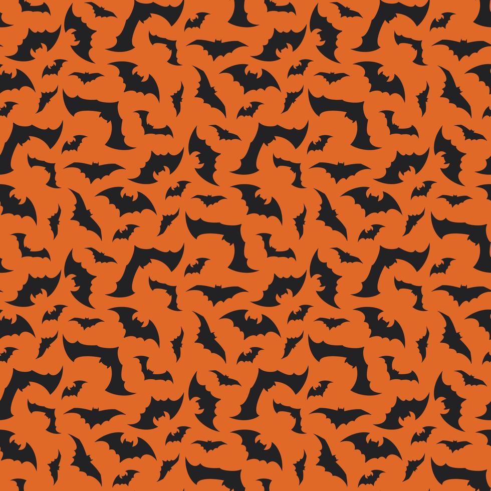 Bright pattern with black bats on an orange background. Halloween festive autumn decoration. October holiday print for paper printing, textile and design. Vector flat illustration