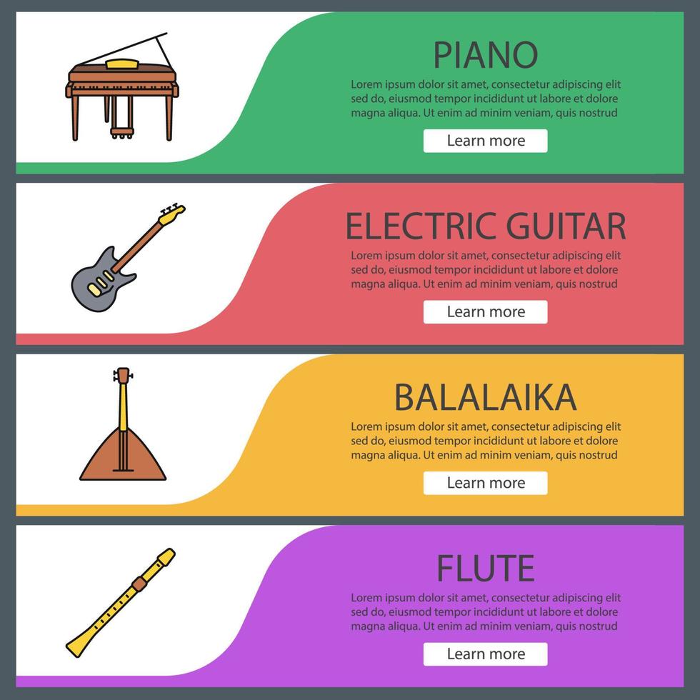 conjunto de plantillas de banner web de instrumentos musicales. piano, guitarra eléctrica, balalaika, flauta. elementos del menú de color del sitio web. conceptos de diseño de encabezados vectoriales vector