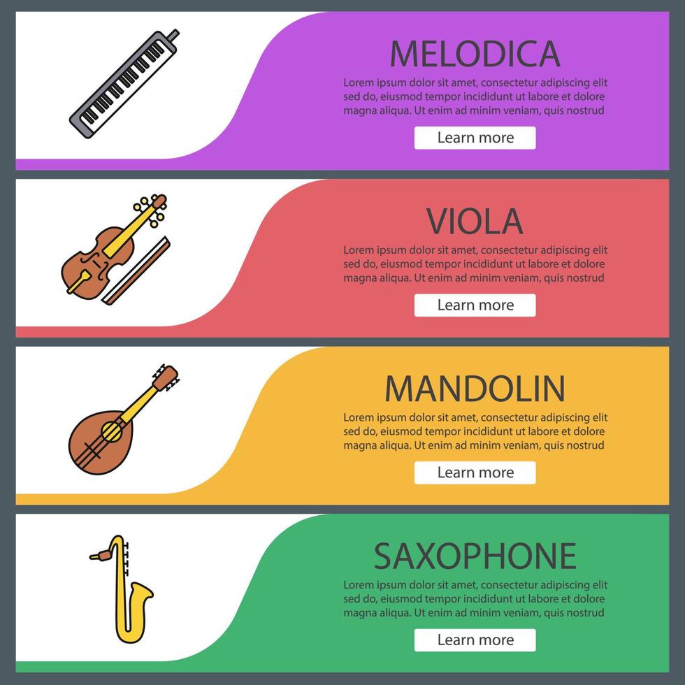 Musical instruments web banner templates set. Melodica, viola, mandolin, saxophone. Website color menu items. Vector headers design concepts