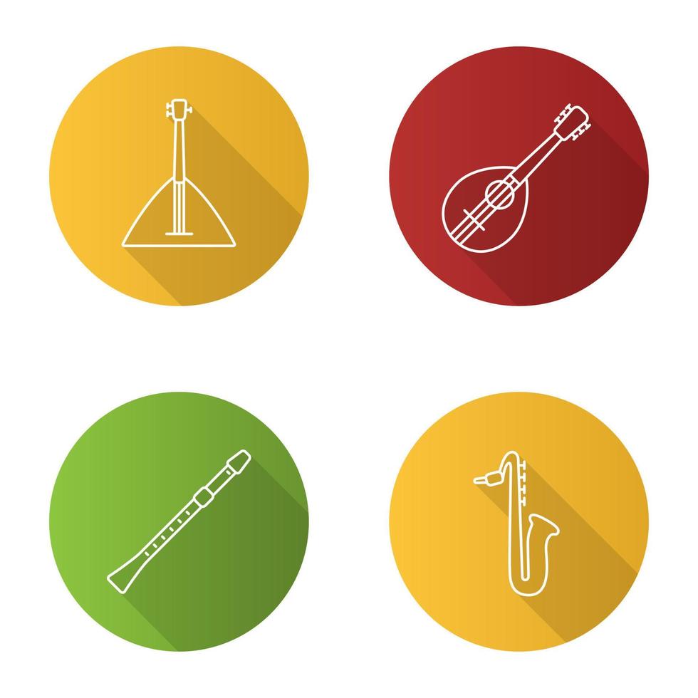 Musical instruments flat linear long shadow icons set. Balalaika, mandolin, saxophone, flute. Vector outline illustration