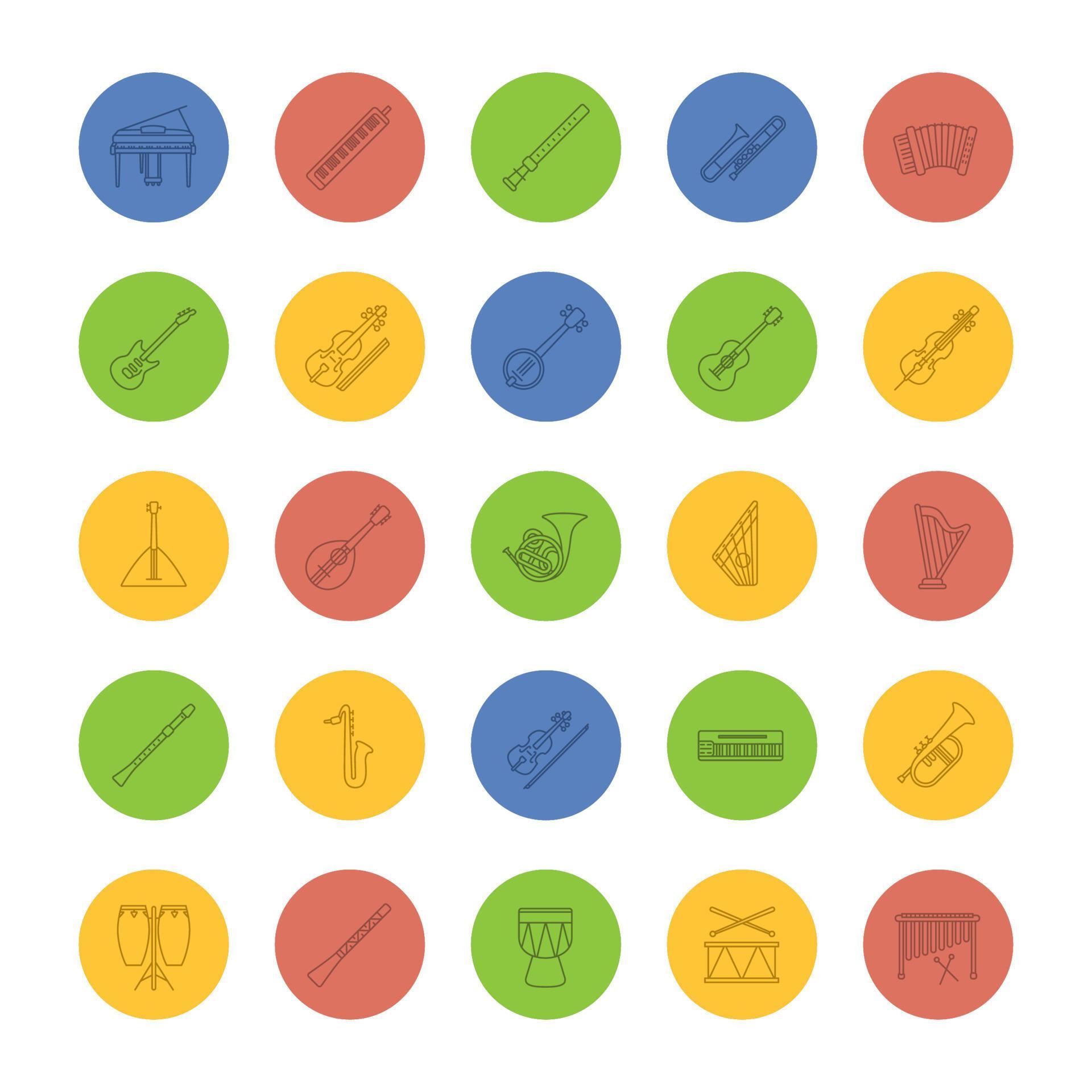 Musical instruments linear icons set. Orchestra equipment. Stringed