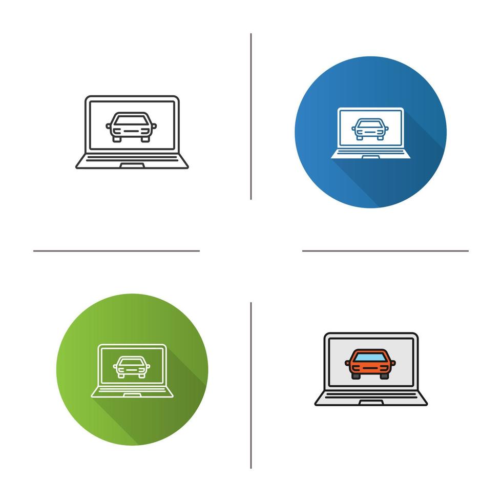 Laptop with car icon. Flat design, linear and color styles. Taxi website. Isolated vector illustrations