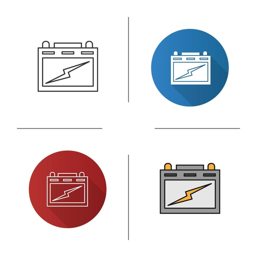 Automotive battery icon. Flat design, linear and color styles. Lead acid battery. Isolated vector illustrations