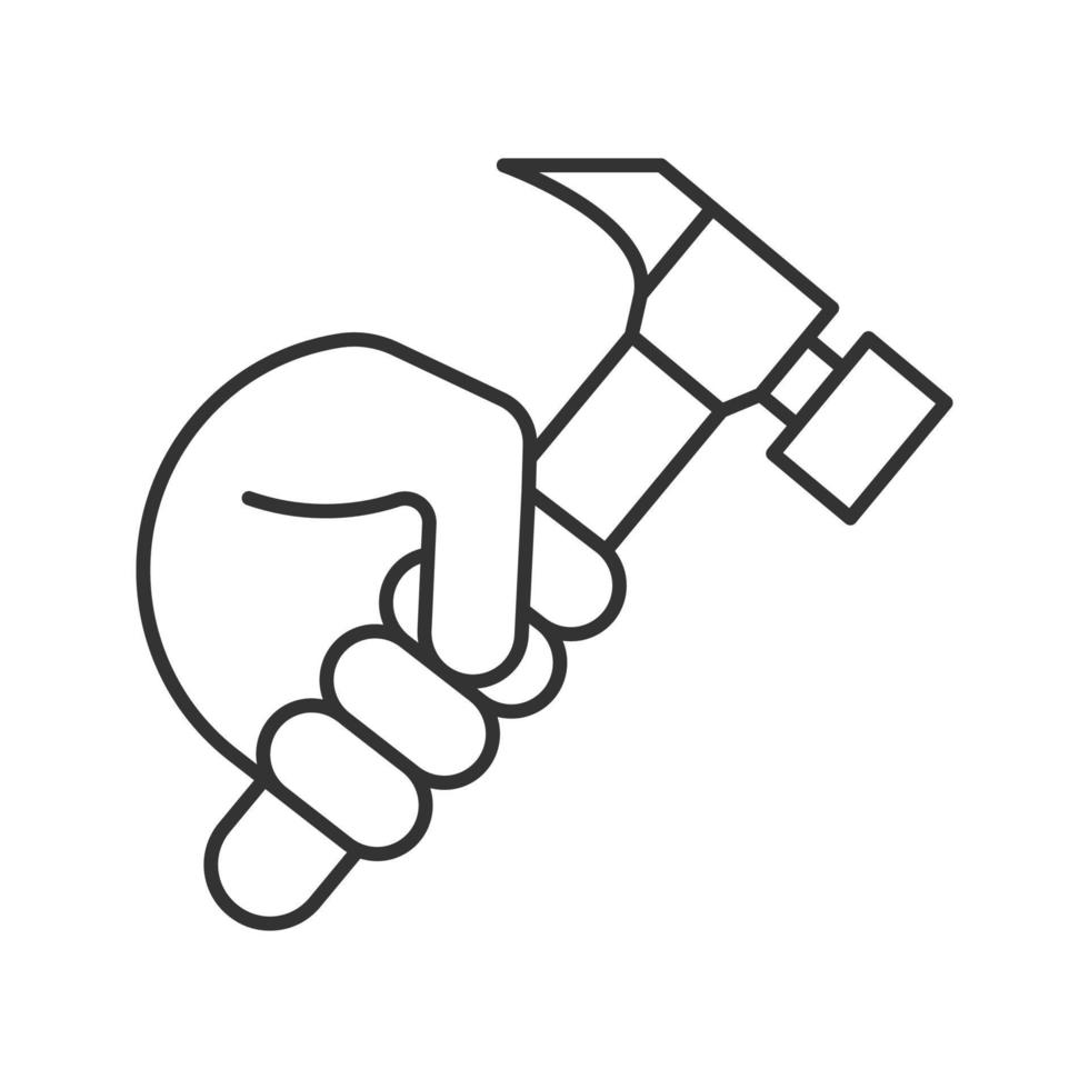 Hand holding hammer linear icon. Thin line illustration. Repairman, carpenter. Contour symbol. Vector isolated outline drawing