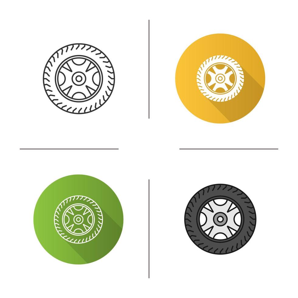 Car rim and tire icon. Flat design, linear and color styles. Automobile wheel. Isolated vector illustrations