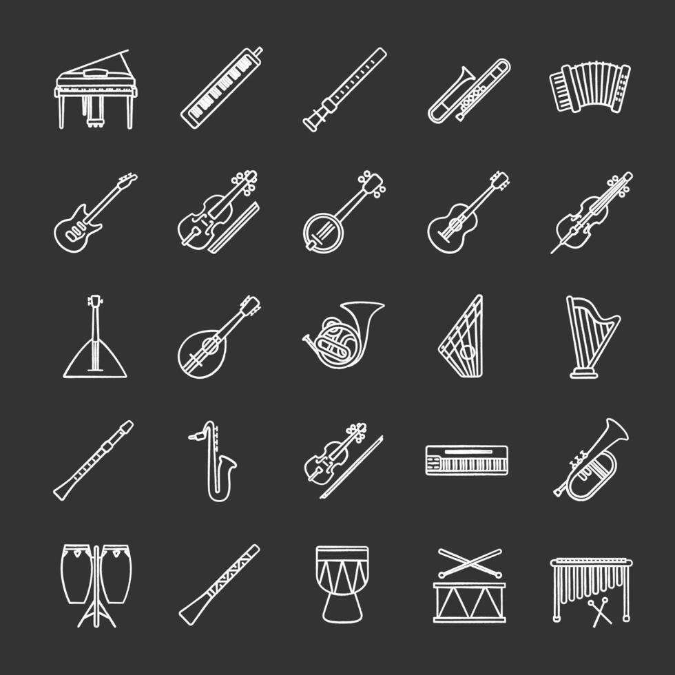 Musical instruments chalk icons set. Orchestra equipment. Stringed, wind, percussion instruments. Isolated vector chalkboard illustrations