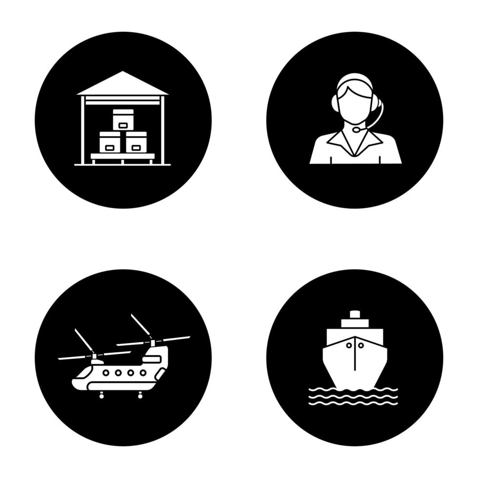 Cargo shipping glyph icons set. Delivery service. Warehouse, call center operator, military helicopter, cargo ship. Vector white silhouettes illustrations in black circles