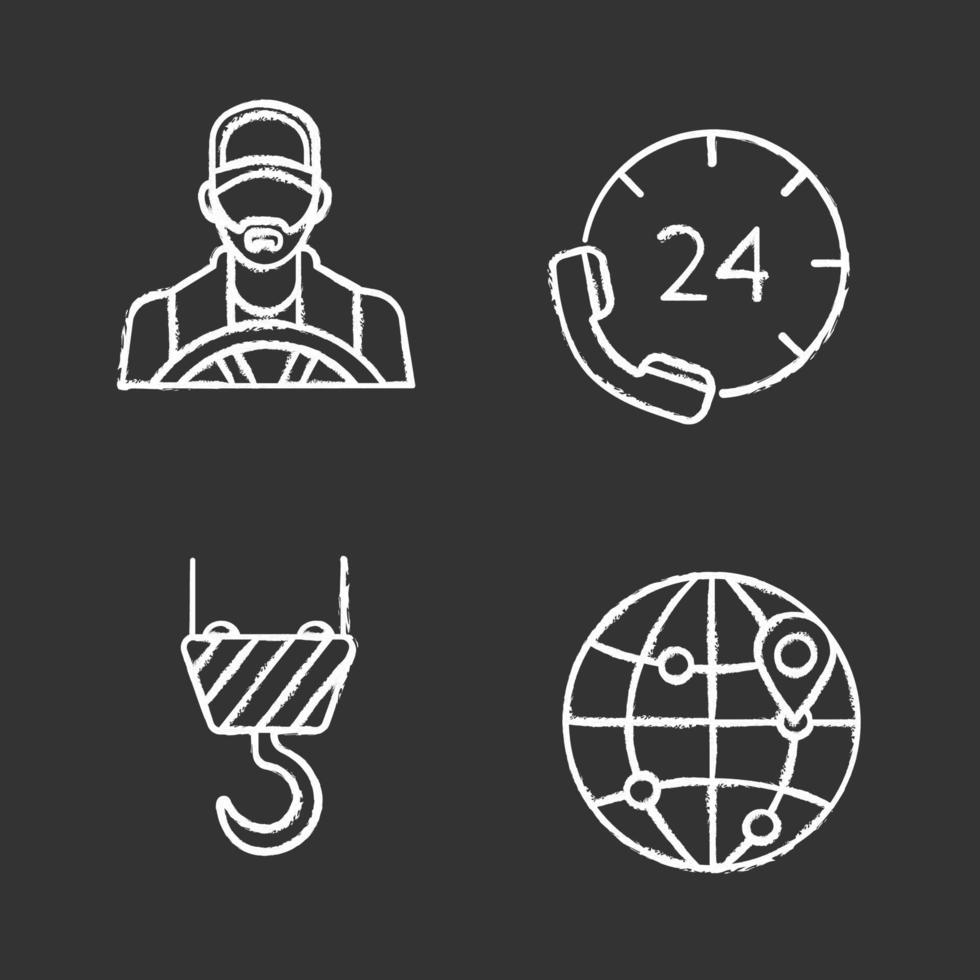 Cargo shipping chalk icons set. Delivery service. Driver, cargo crane hook, international route map, hotline. Isolated vector chalkboard illustrations
