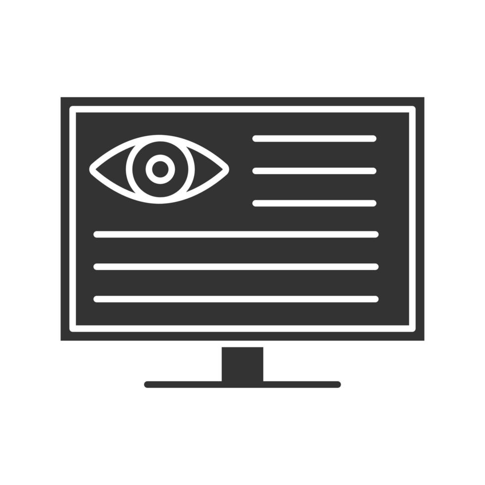 Eye diagnostic computer glyph icon. Vision examination. Silhouette symbol. Negative space. Vector isolated illustration