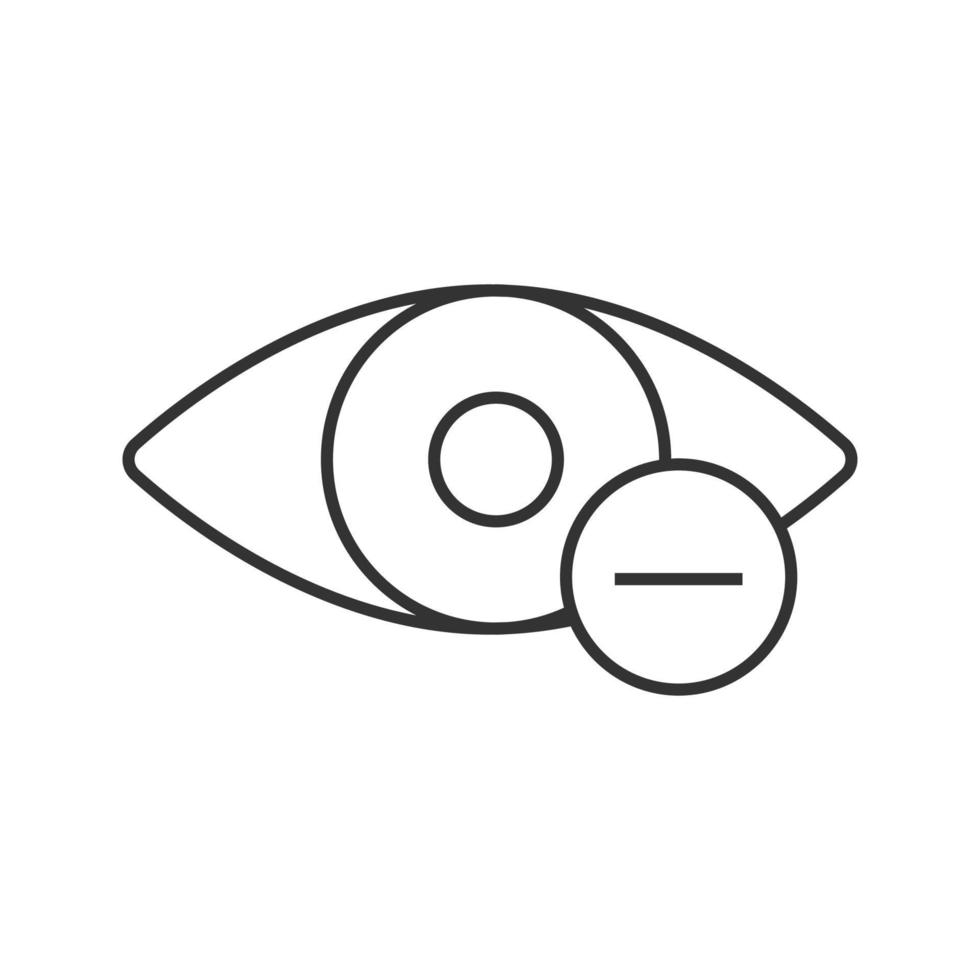 Human eye with minus sign linear icon. Nearsighted vision. Thin line illustration. Myopia. Contour symbol. Vector isolated outline drawing