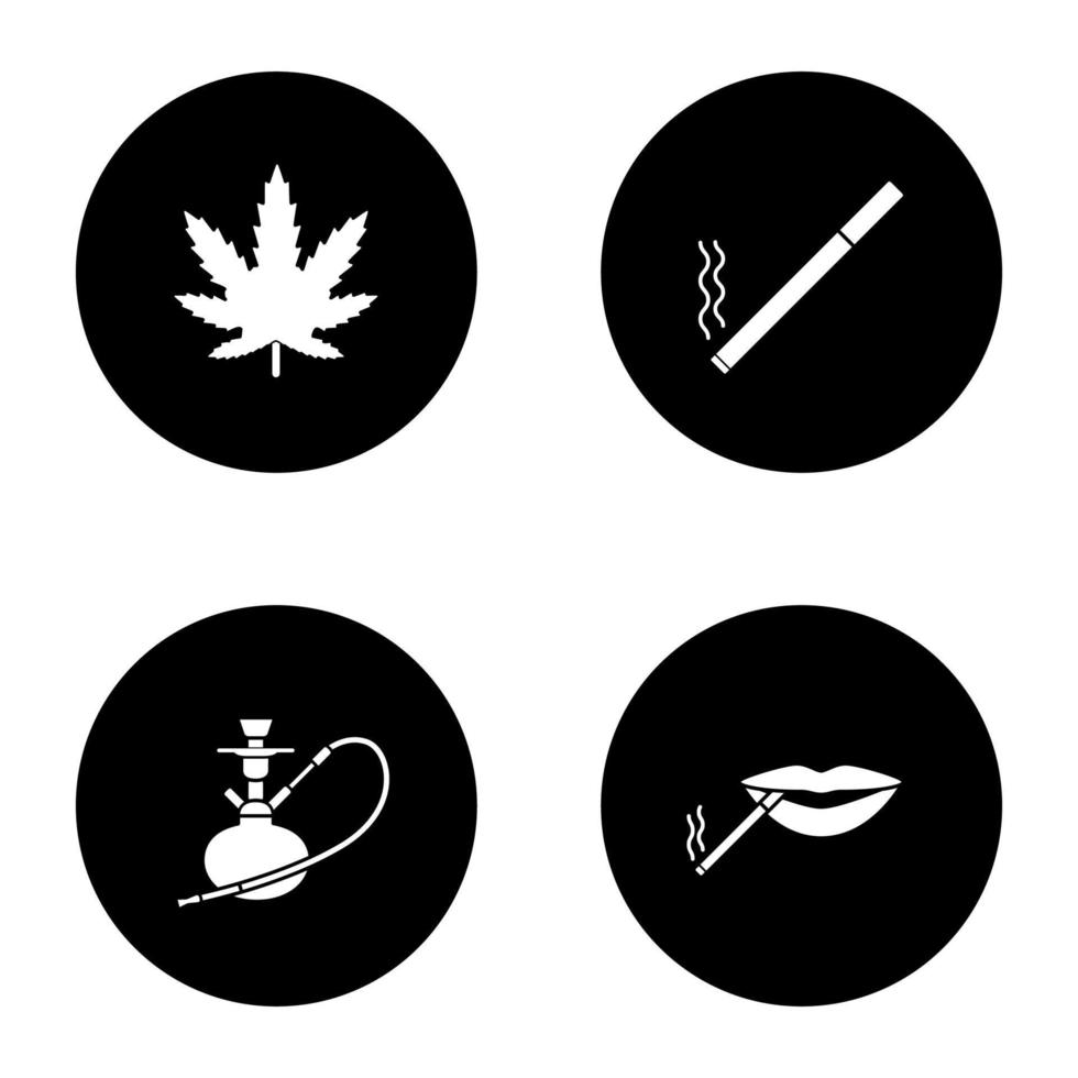 Smoking glyph icons set. Marijuana leaf, burning cigarette, hookah, smoker's mouth. Vector white silhouettes illustrations in black circles