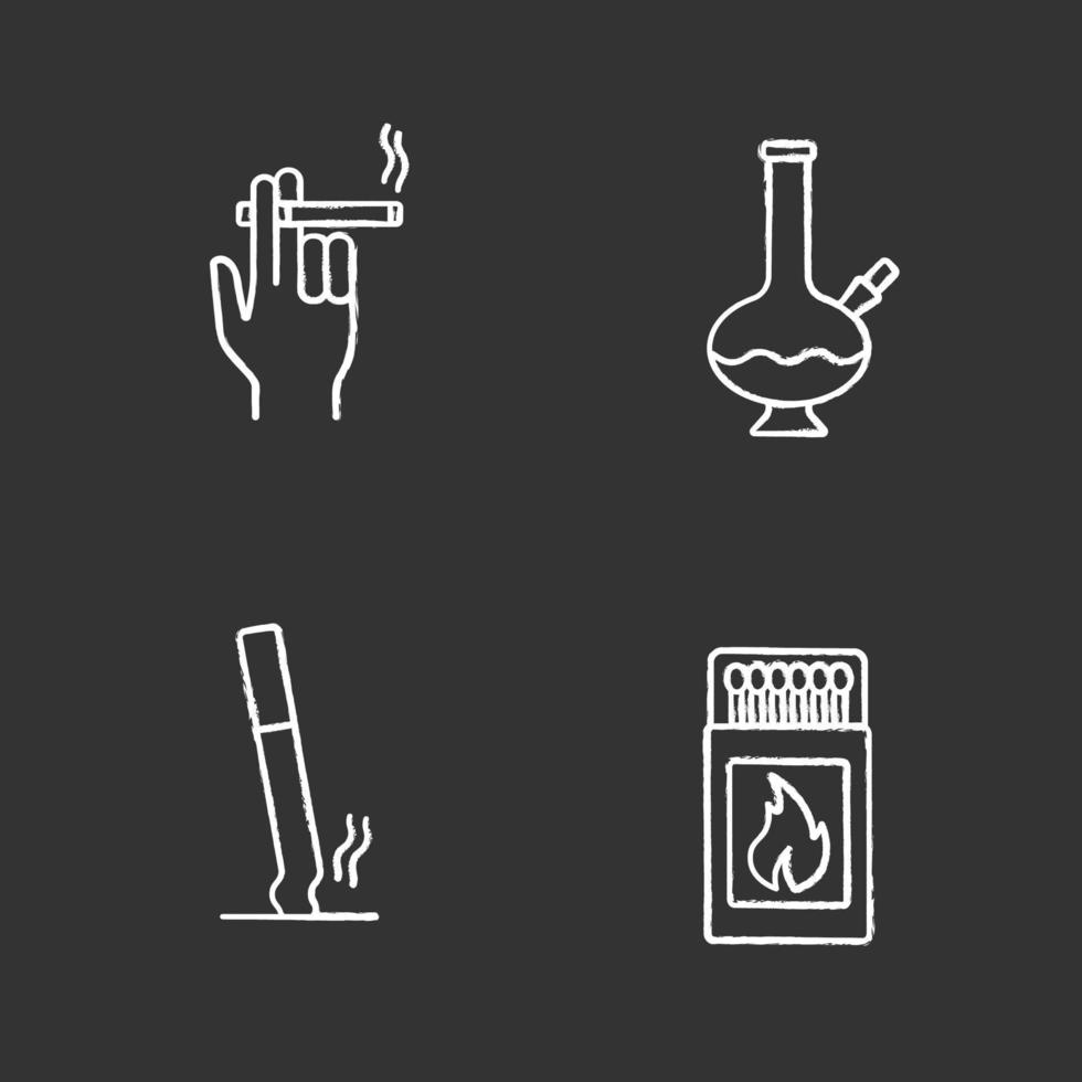 Smoking chalk icons set. Smoker's hand, bong, stubbed out cigarette, matchbox with matchsticks. Isolated vector chalkboard illustrations