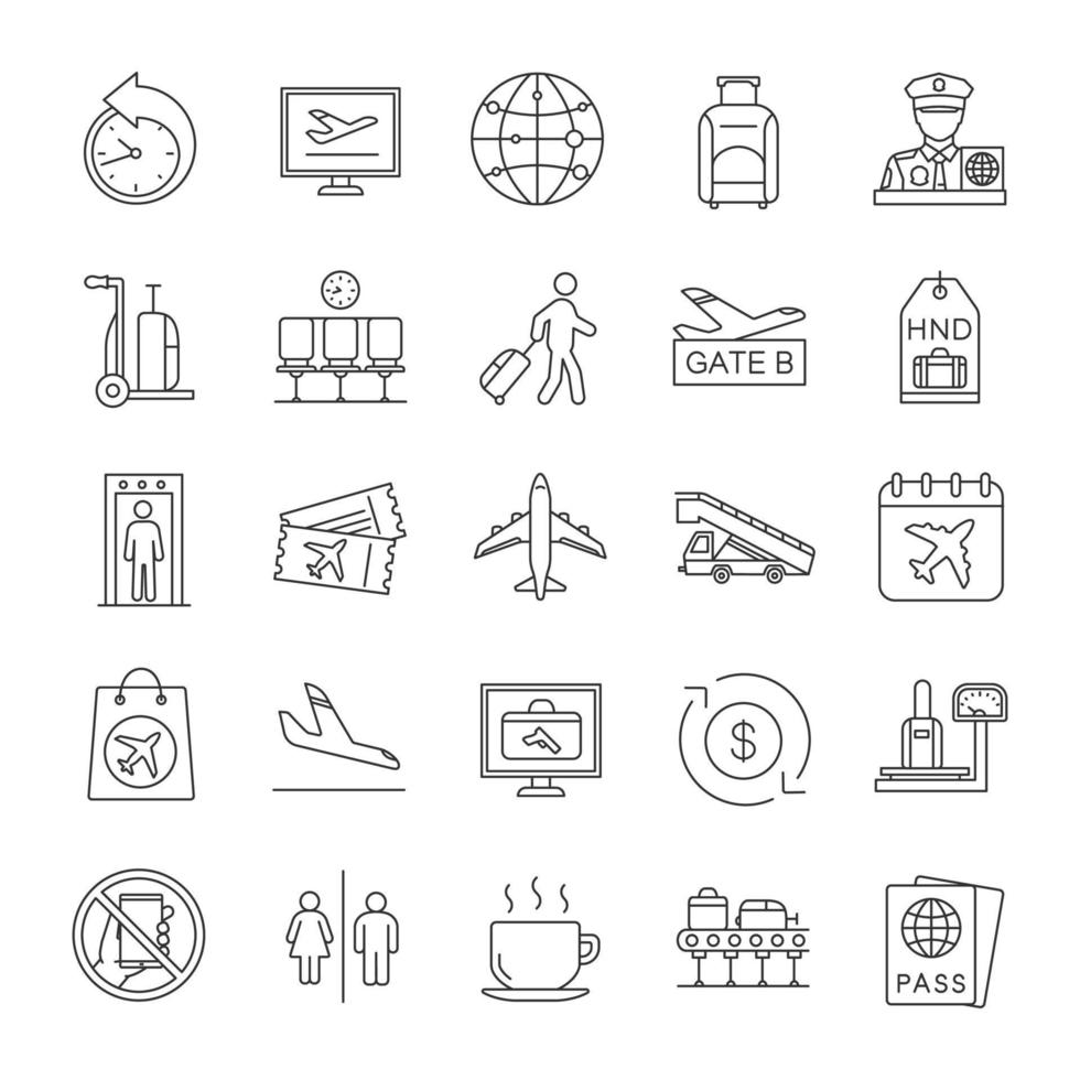 Airport service linear icons set. Passport control, baggage check, tickets, flights management. Thin line contour symbols. Isolated vector outline illustrations