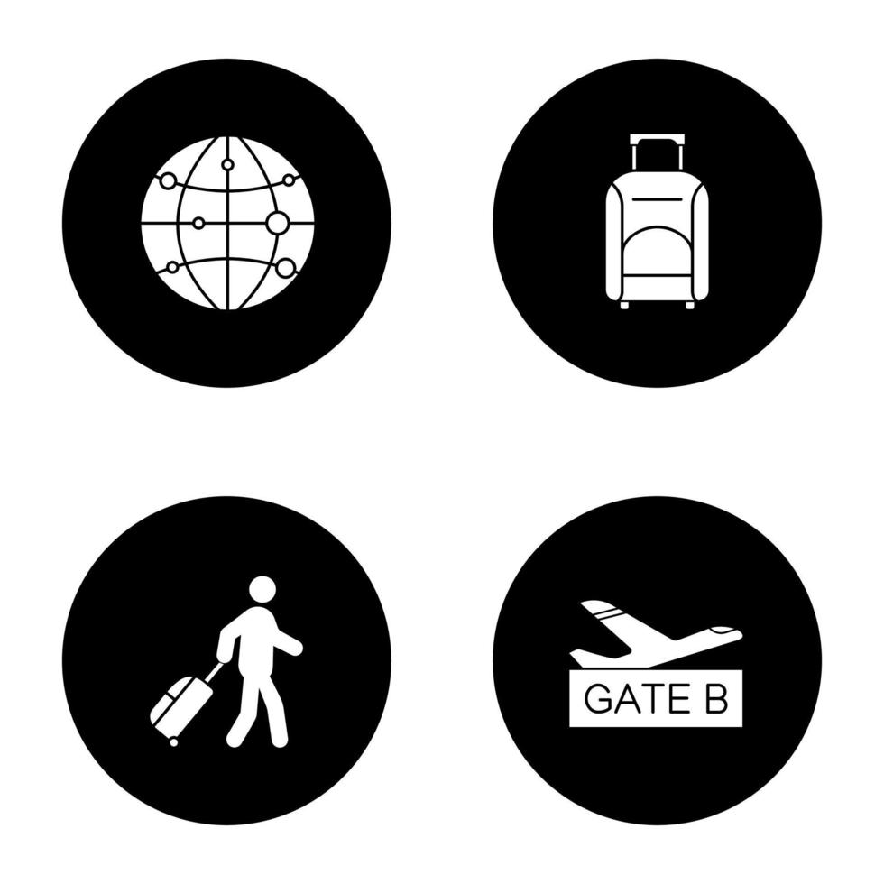 Airport service glyph icons set. Route map, baggage, passenger, airport gate. Vector white silhouettes illustrations in black circles