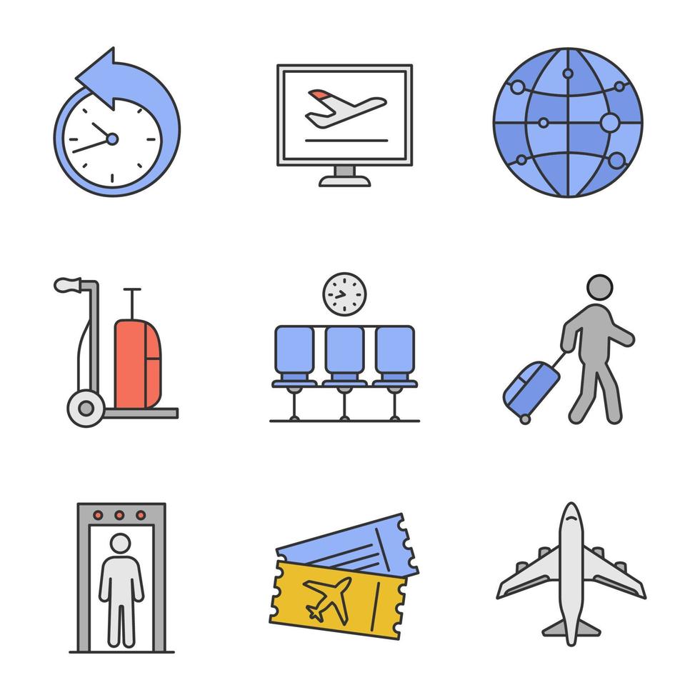 conjunto de iconos de color de servicio de aeropuerto. reprogramación, reserva en línea, ruta, carrito de equipaje, sala de espera, pasajero, detector de metales, boletos, avión. ilustraciones de vectores aislados