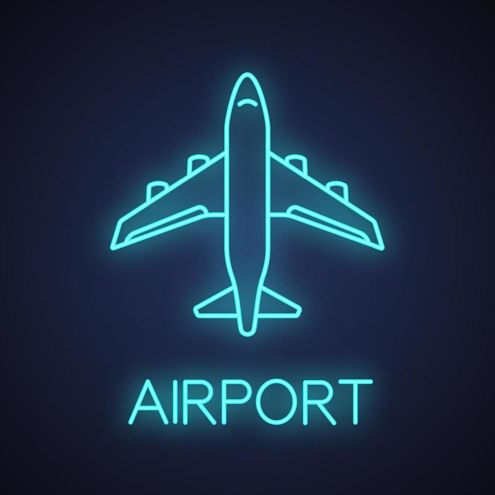 Airplane neon light icon. Airliner. Plane. Airport glowing sign. Vector isolated illustration