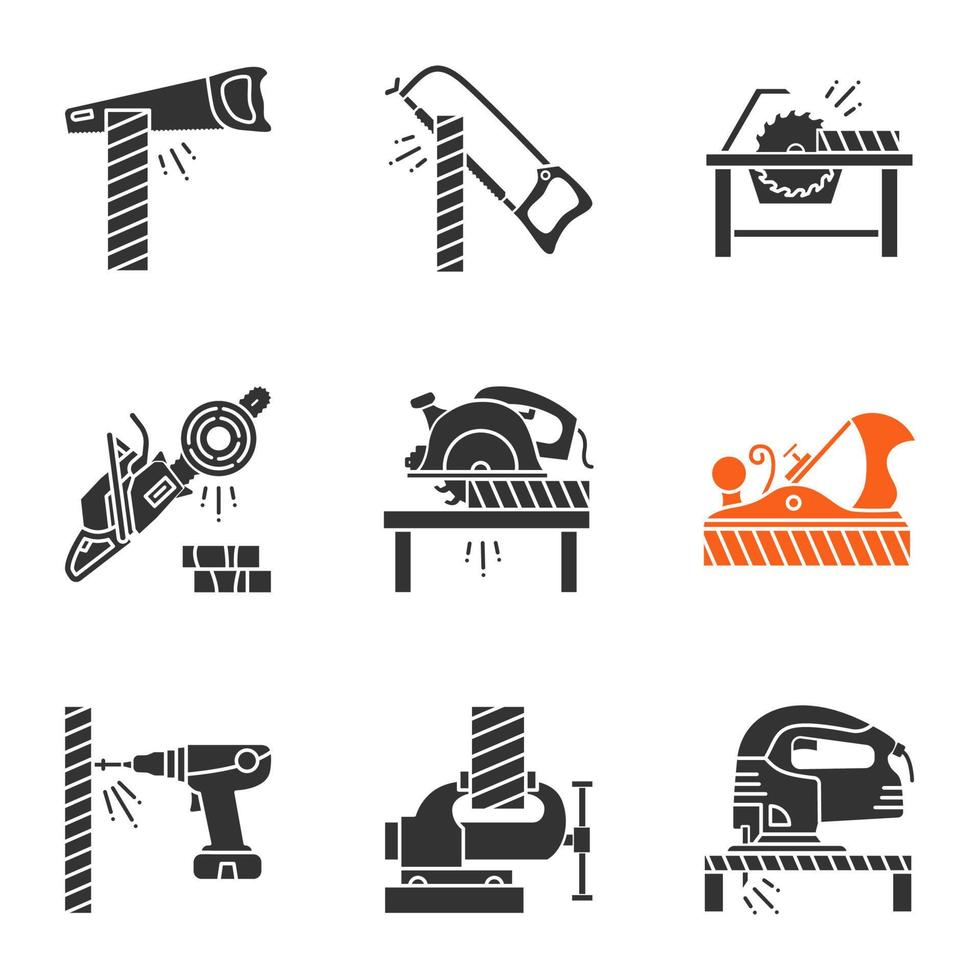 Carpentry glyph icons set. Silhouette symbols. Woodworking. Hand saw, hacksaw, circular saws, chainsaw, jack plane, electric screwdriver, bench vice, jigsaw. Vector isolated illustration