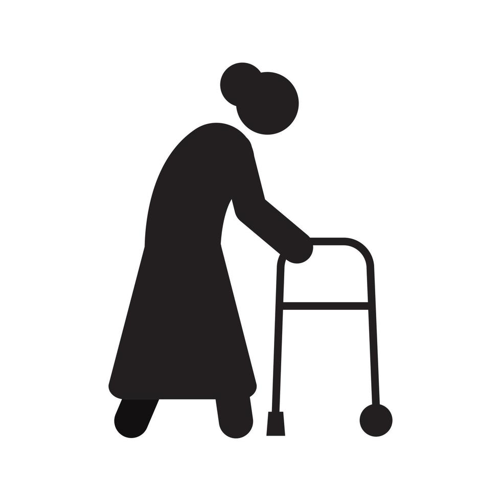 Old woman going with walker silhouette icon. Grandmother with walking frame. Isolated vector illustration