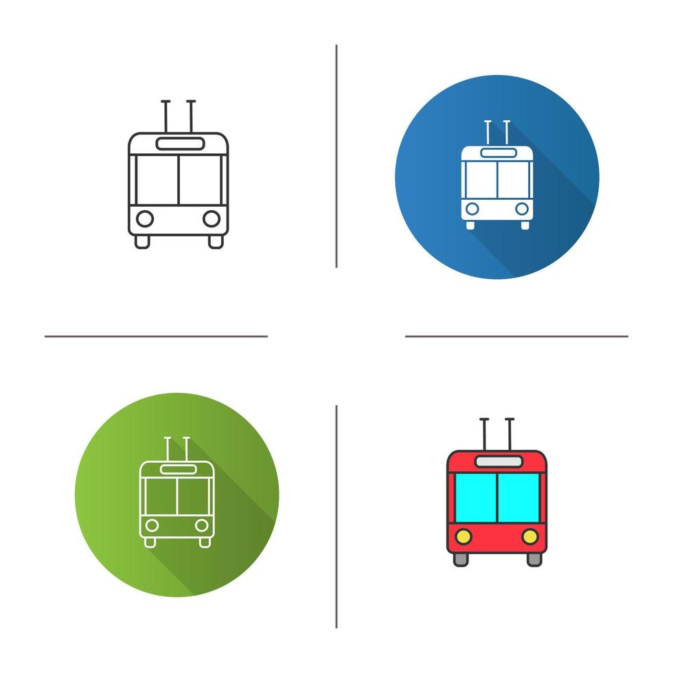 Trolleybus in front view icon. Trolley coach. Trackless trolley. Flat design, linear and color styles. Isolated vector illustrations