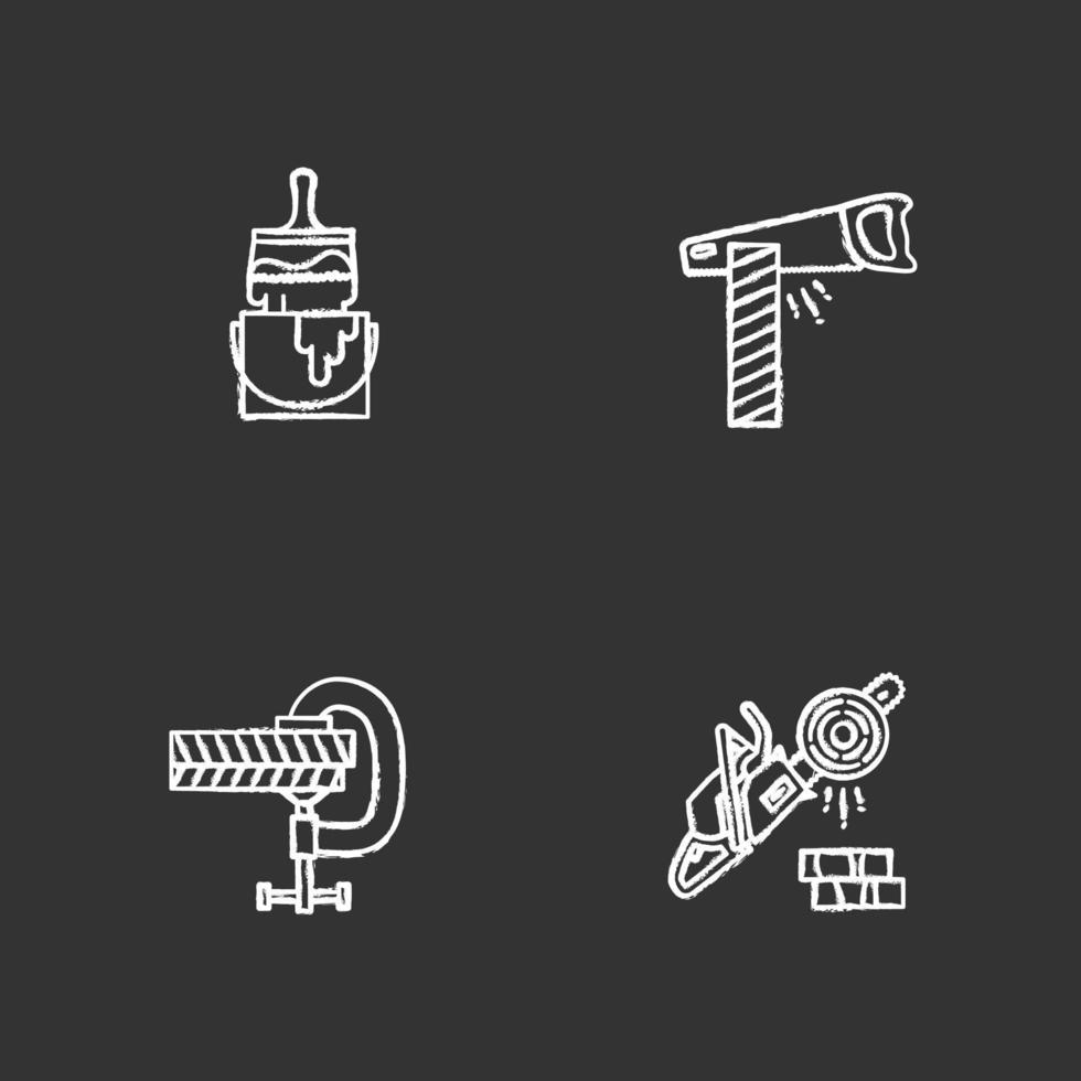 Construction tools chalk icons set. Big glue brush and bucket, hand saw, screw clamp, chainsaw. Isolated vector chalkboard illustrations