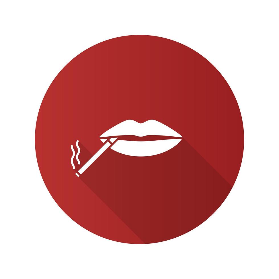 Cigarette in mouth flat design long shadow glyph icon. Smoking negative concept. Vector silhouette illustration