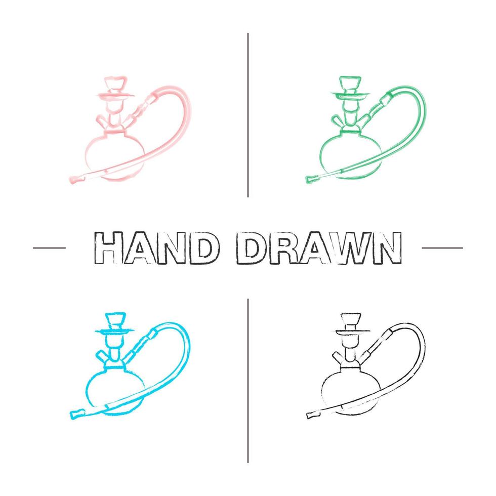 Hookah hand drawn icons set. Nargile. Color brush stroke. Isolated vector sketchy illustrations