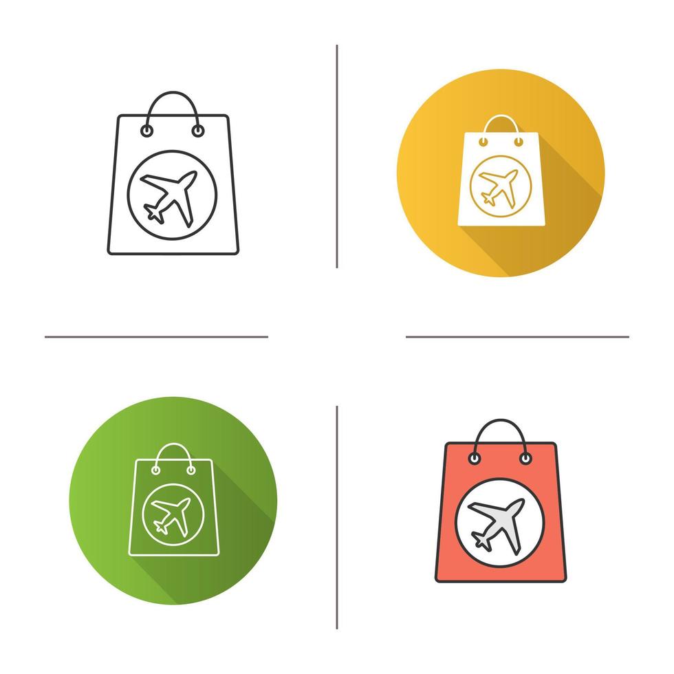 Duty free purchase icon. Shopping bag with airplane. Flat design, linear and color styles. Isolated vector illustrations