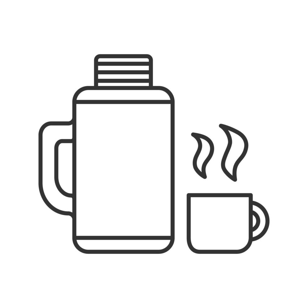 Thermos with cup linear icon. Thin line illustration. Hot drink. Contour symbol. Vector isolated outline drawing