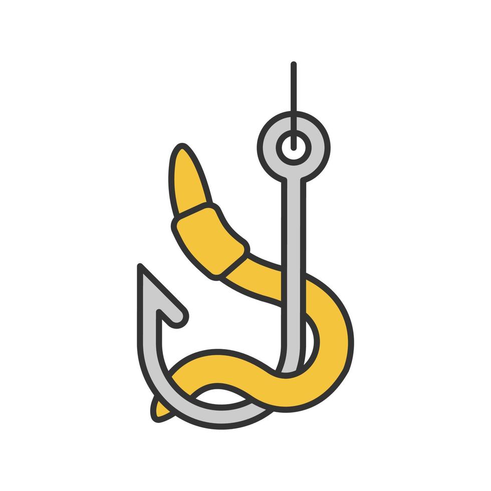 Worm on hook color icon. Fishing live bait. Isolated vector illustration