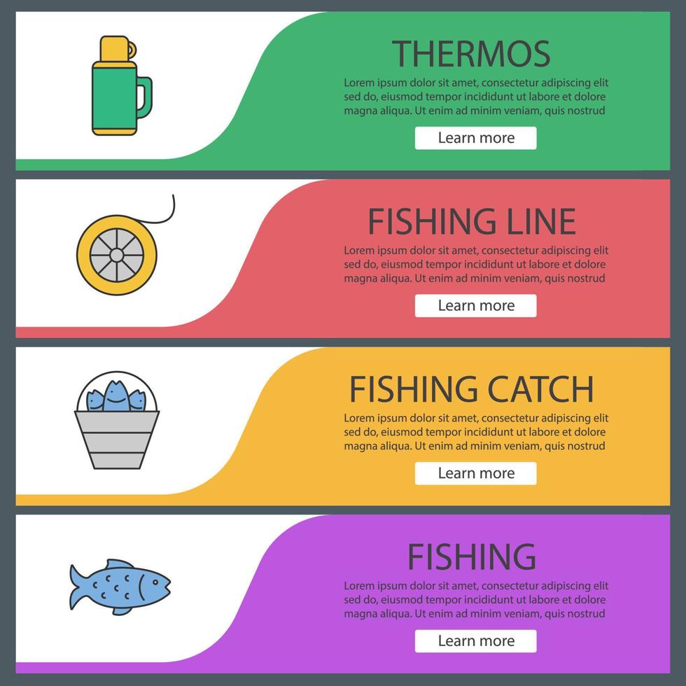 Fishing web banner templates set. Bucket with catch, thermos, fishing line spool, fish. Website color menu items. Vector headers design concepts