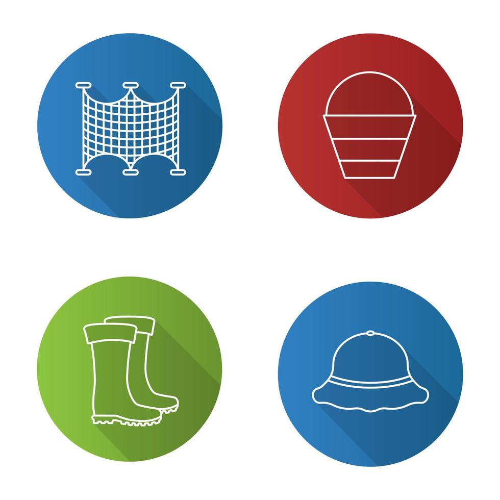 Fishing flat linear long shadow icons set. Fishnets, bucket, rubber boots, fisherman hat. Vector outline illustration