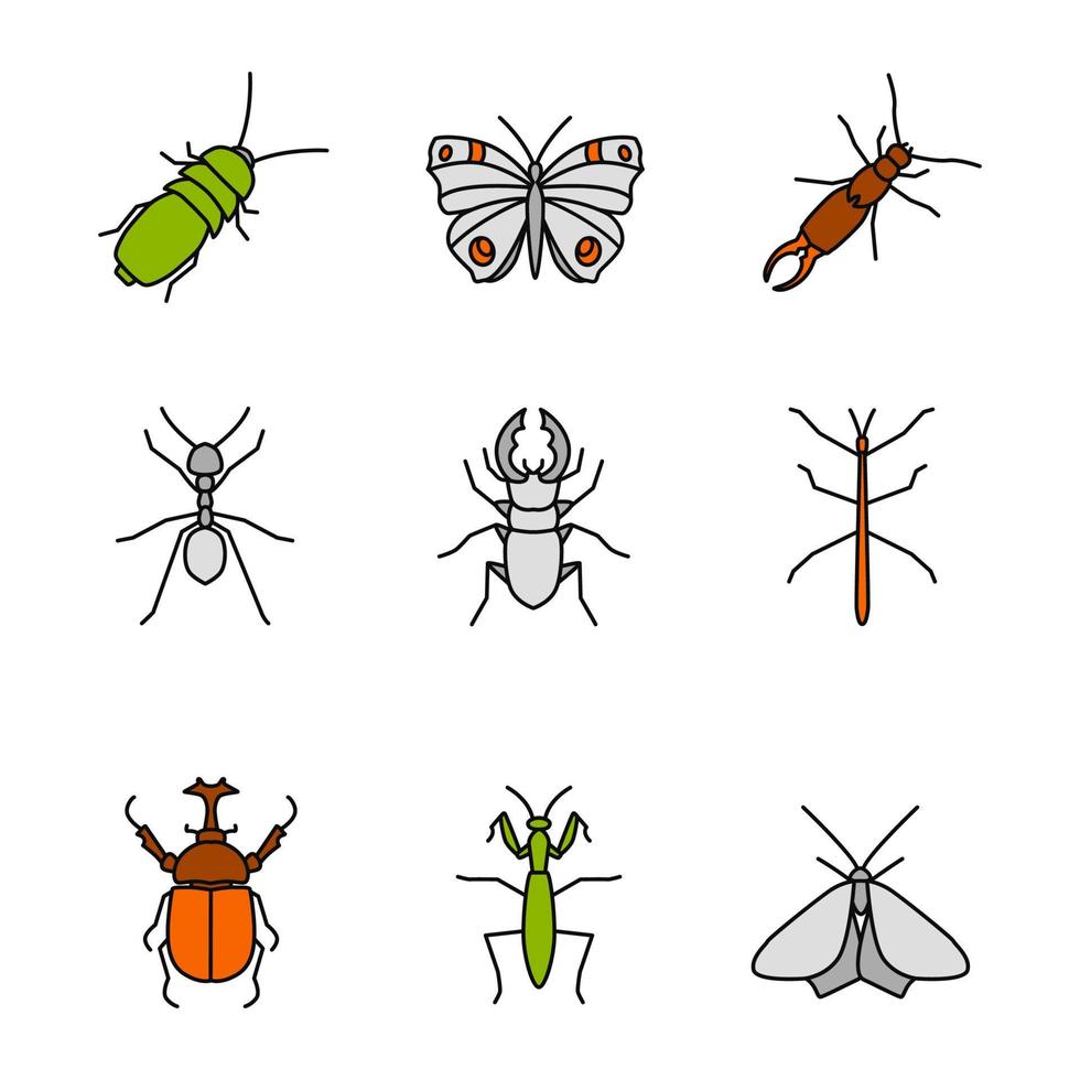 conjunto de iconos de colores de insectos. escarabajos oscuros y hércules, mariposa, tijereta, chinche ciervo, fásmido, polilla, hormiga, mantis. ilustraciones de vectores aislados