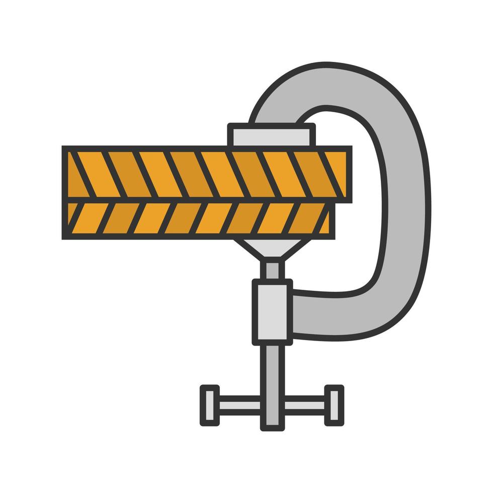 Screw clamp holding wooden planks color icon. G-clamp. Isolated vector illustration
