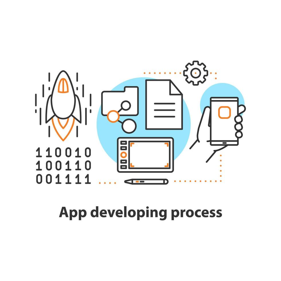 App development process concept icon. Product creation, testing and launching idea thin line illustration. Vector isolated outline drawing