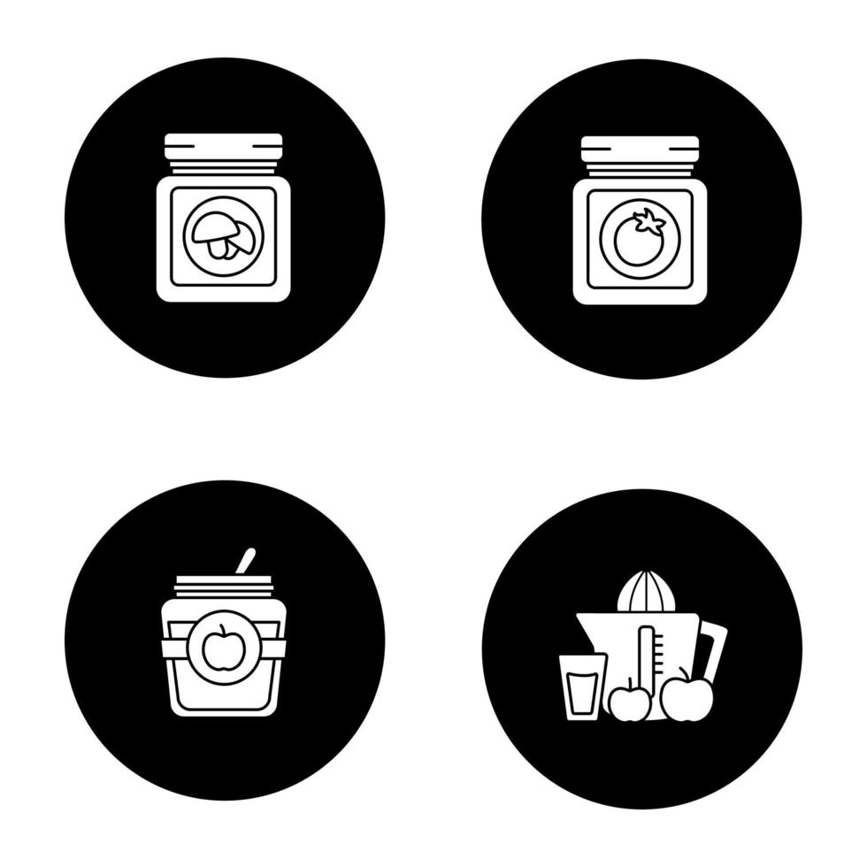 conjunto de iconos de glifo de conservas caseras. mermelada de manzana, salsa de tomate, champiñones enlatados, jugo. ilustraciones de siluetas blancas vectoriales en círculos negros vector