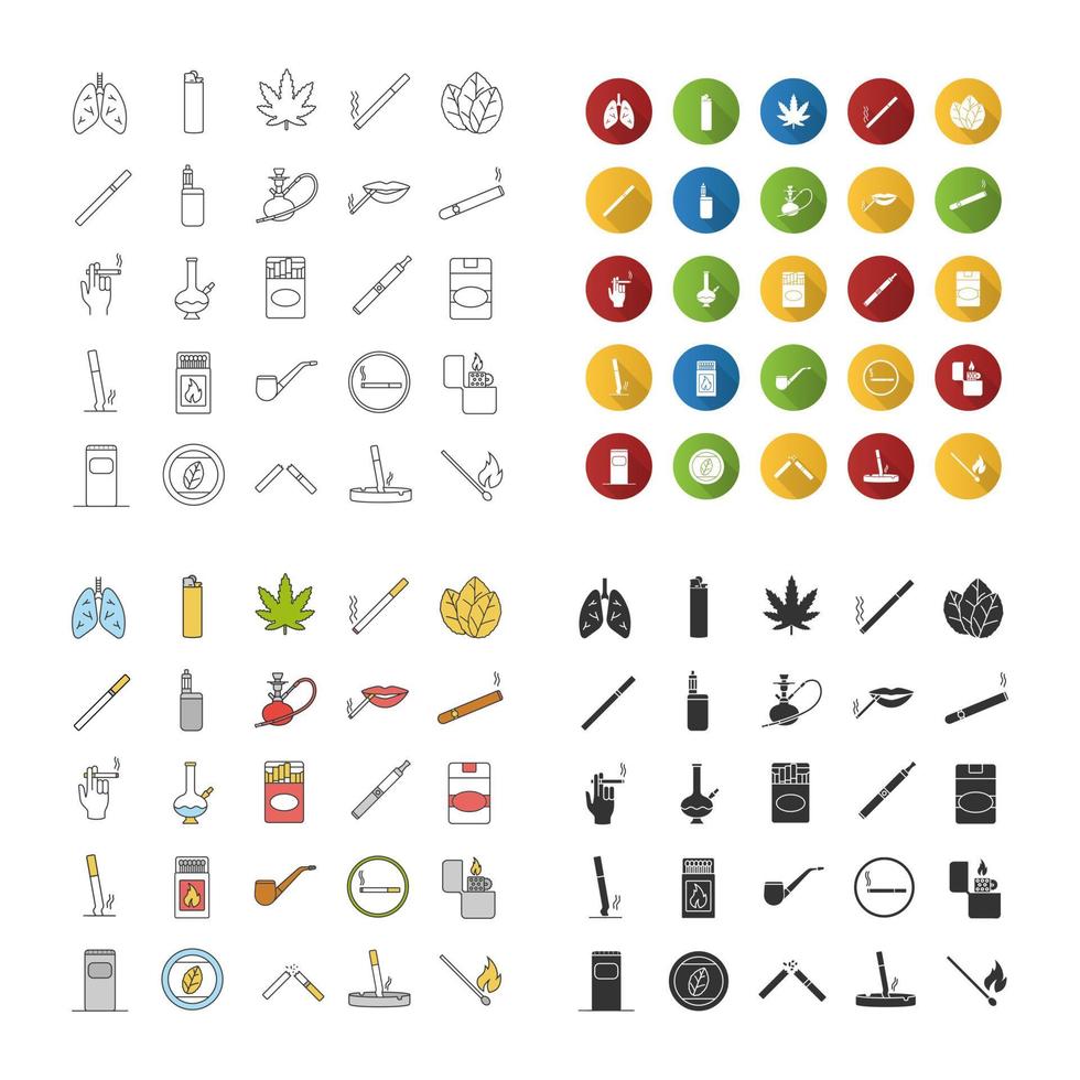 Smoking icons set. Cigarettes, smoking devices, cannabis culture. Linear, flat design, color and glyph styles. isolated vector illustrations