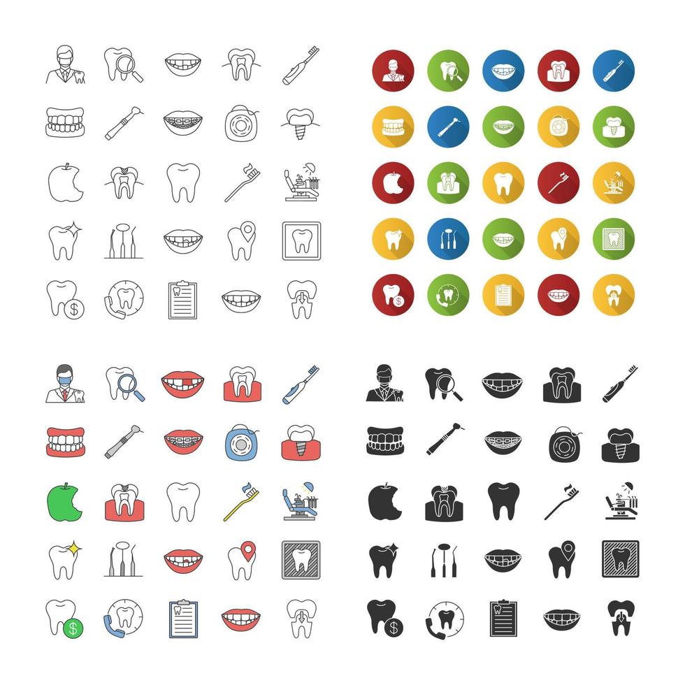 Dentistry icons set. Stomatology. Dental clinic services, instruments, teeth hygiene, problems. Linear, flat design, color and glyph styles. isolated vector illustrations